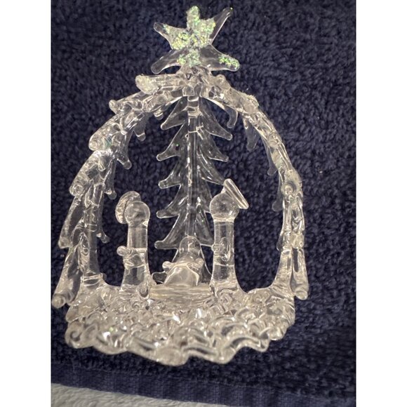 Clear Glass Nativity Scene Figurine With Star Topper & Christmas Tree Backdrop - Picture 3 of 5